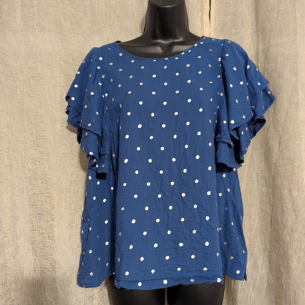 J. Crew Blue and Silver Flutter Sleeve Blouse